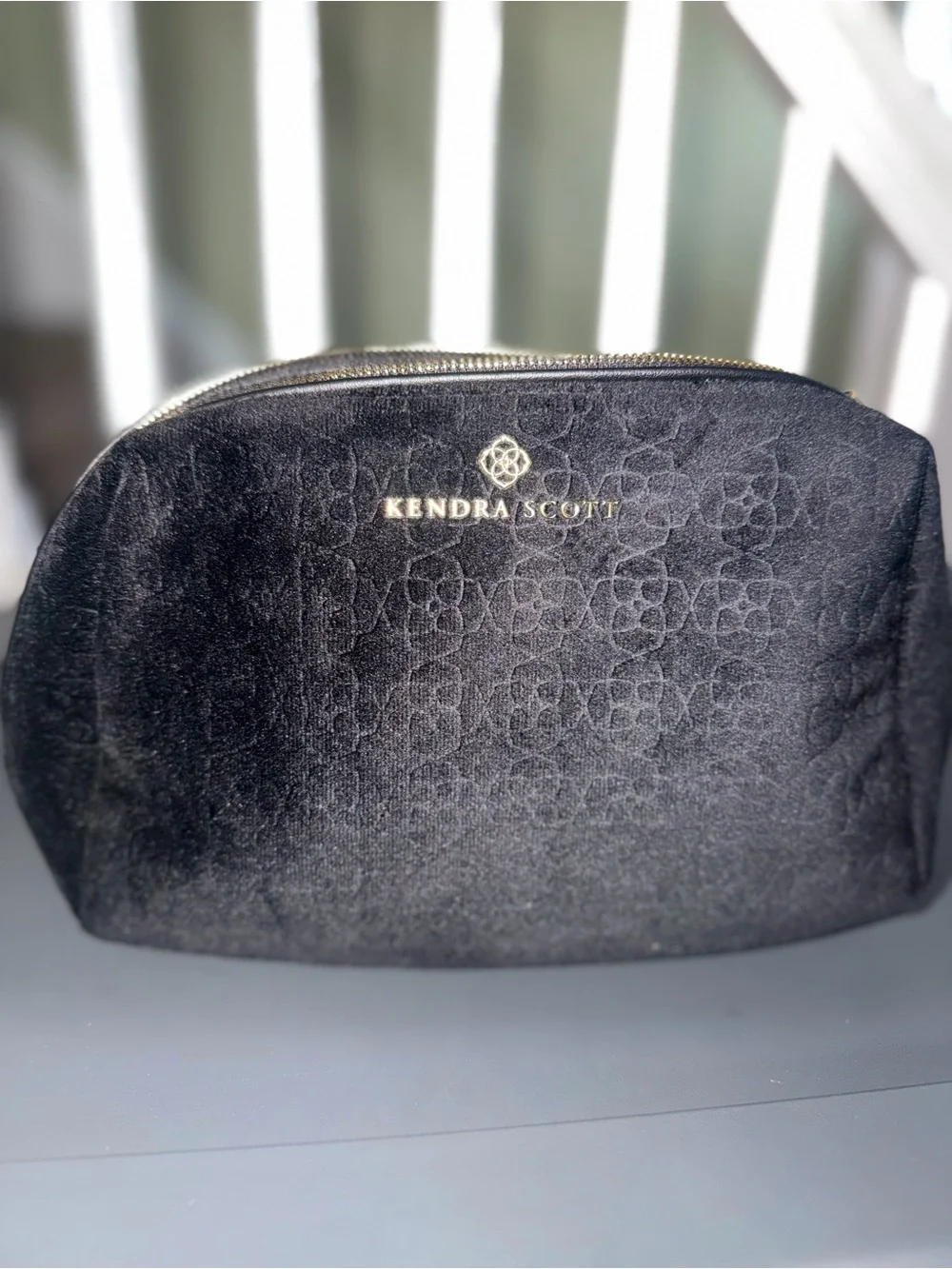 Kendra Scott Black Velvet Signature Monogram Cosmetic Pouch with Gold Logo